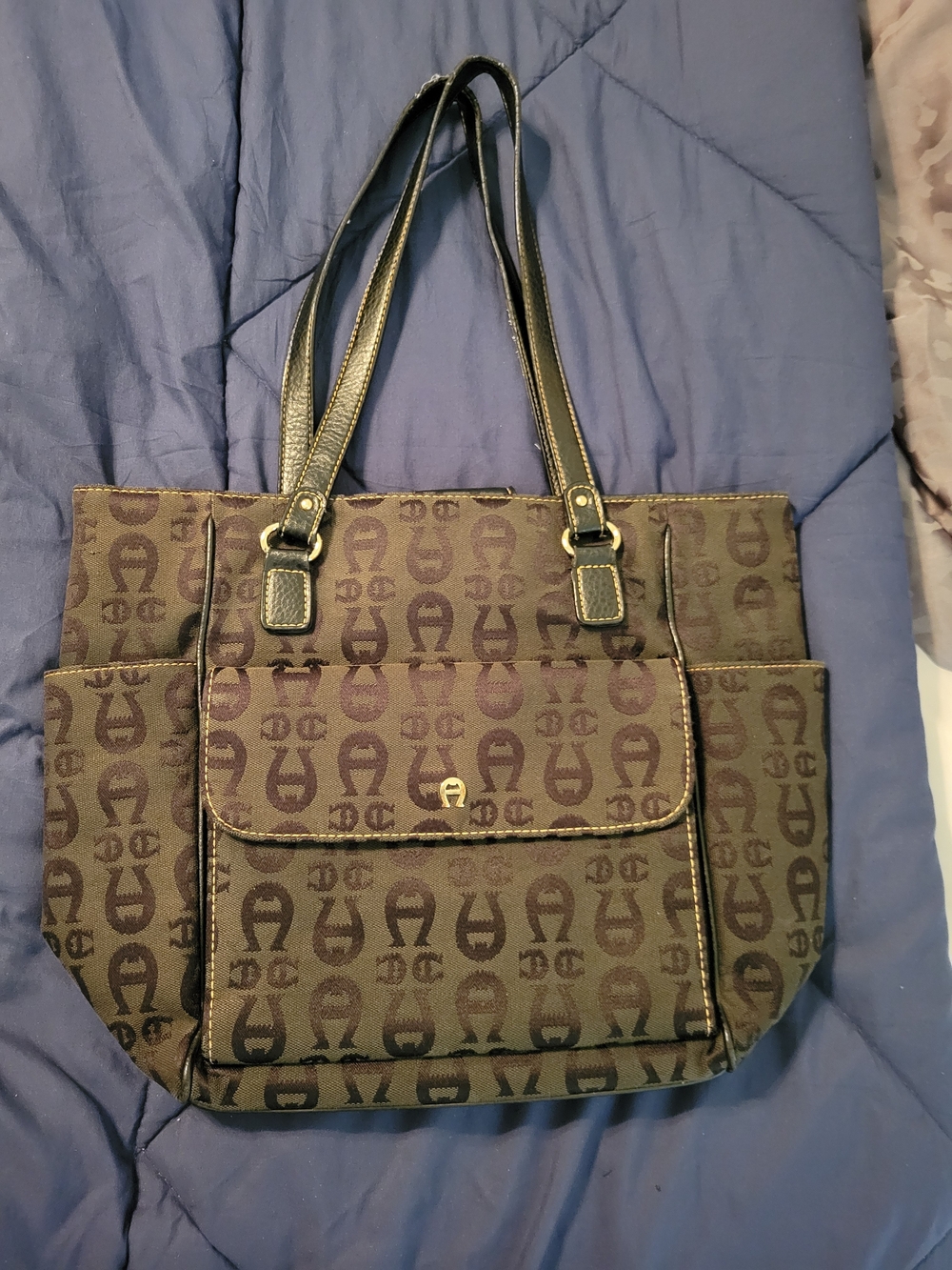 Etienne Aigner Large Pattern Tote Bag Purse in Blackish Brown With Pockets